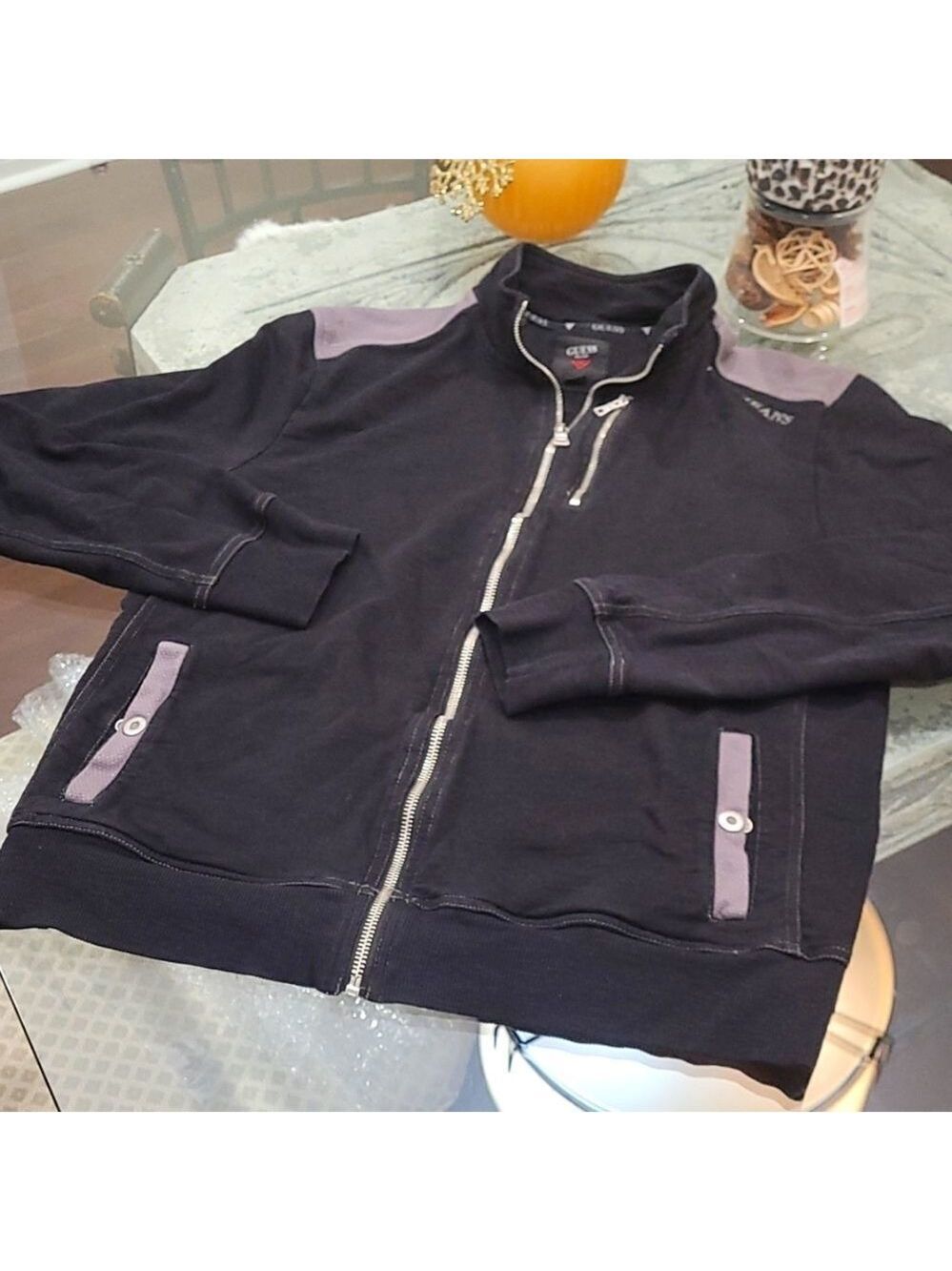 Guess Mens Black Zip Up Jacket Medium Logo Y2k